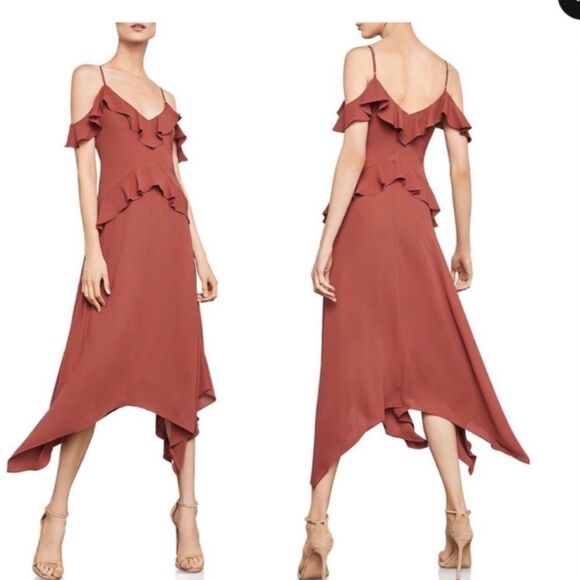 Bcbg Maxazria Elegant Ruffled Cold Shoulder Dress in cream, XXS - Picture 1 of 11